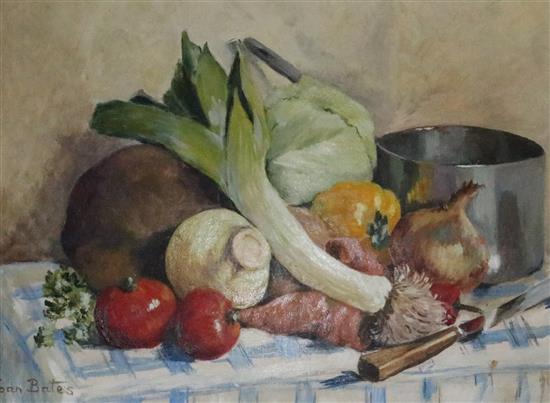 Joan Bates, oil on board, still life of vegetables and one other